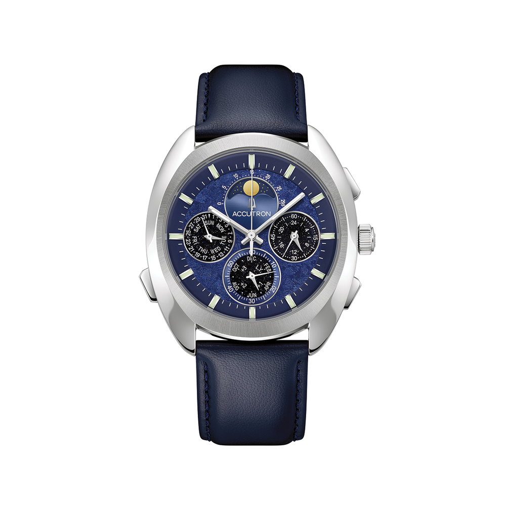 Horizon 41.5mm watch with deep blue dial and silver case on blue leather strap
