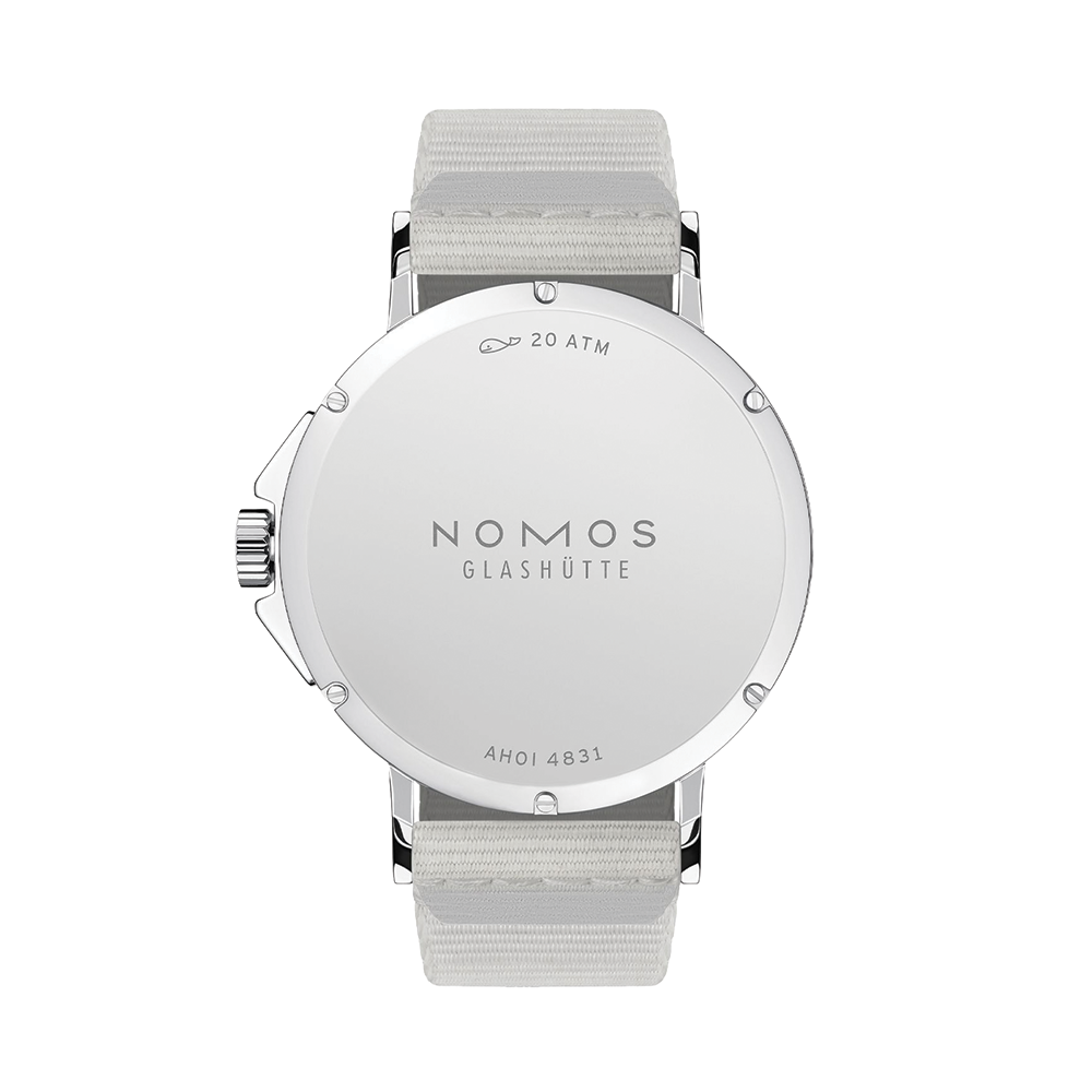 Back view of Ahoi Neomatik Sand watch with beige fabric strap and polished stainless steel case back.