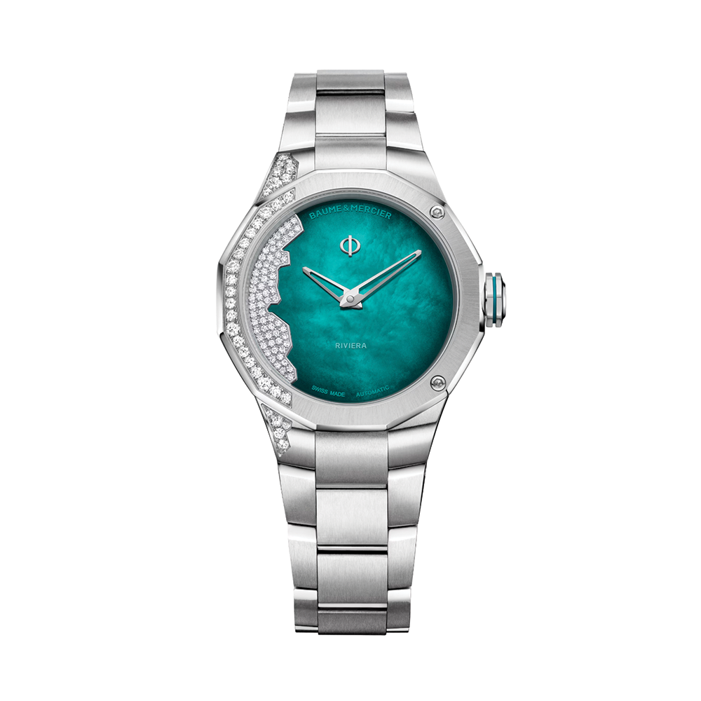 Baume & Mercier Riviera 10868 33mm green dial with diamonds on a stainless steel bracelet