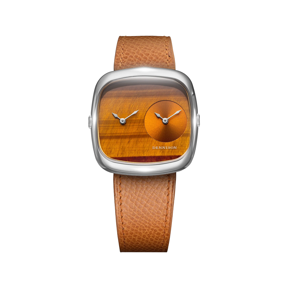 ALD Dual Time Tiger Eye and Gold Sunray dial watch in gold tone case with brown leather strap