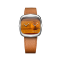 ALD Dual Time Tiger Eye and Gold Sunray dial watch in gold tone case with brown leather strap