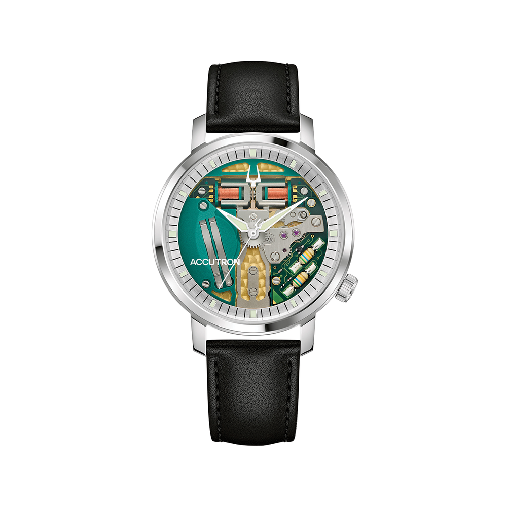 Tuning Fork Spaceview 314 39mm skeleton watch with green dial multicolored components silver case and black leather strap.