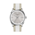 Front view of Tissot PR 100 Cycling 40mm watch with grey dial and beige white striped fabric strap.