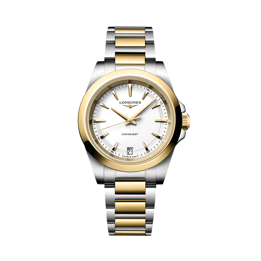 Conquest Quartz Yellow PVD Two-Tone 34mm - White on Bracelet