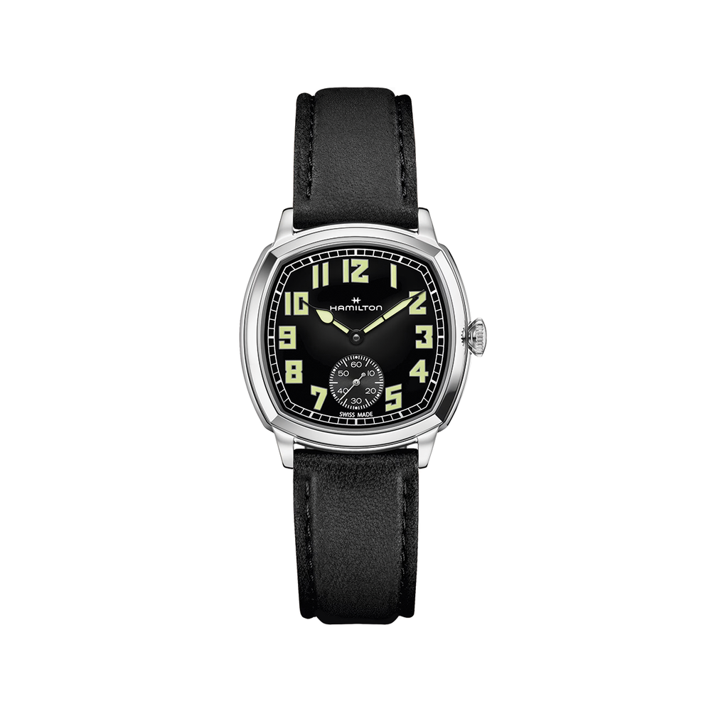 American Classic Cushion Mechanical 34mm watch with black dial and black leather strap
