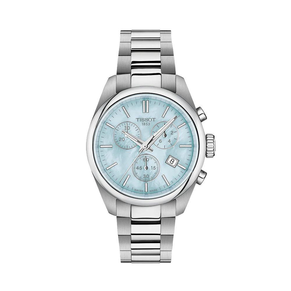 Tissot PR 100 quartz chronograph 36mm with blue mother-of-pearl dial and stainless steel bracelet