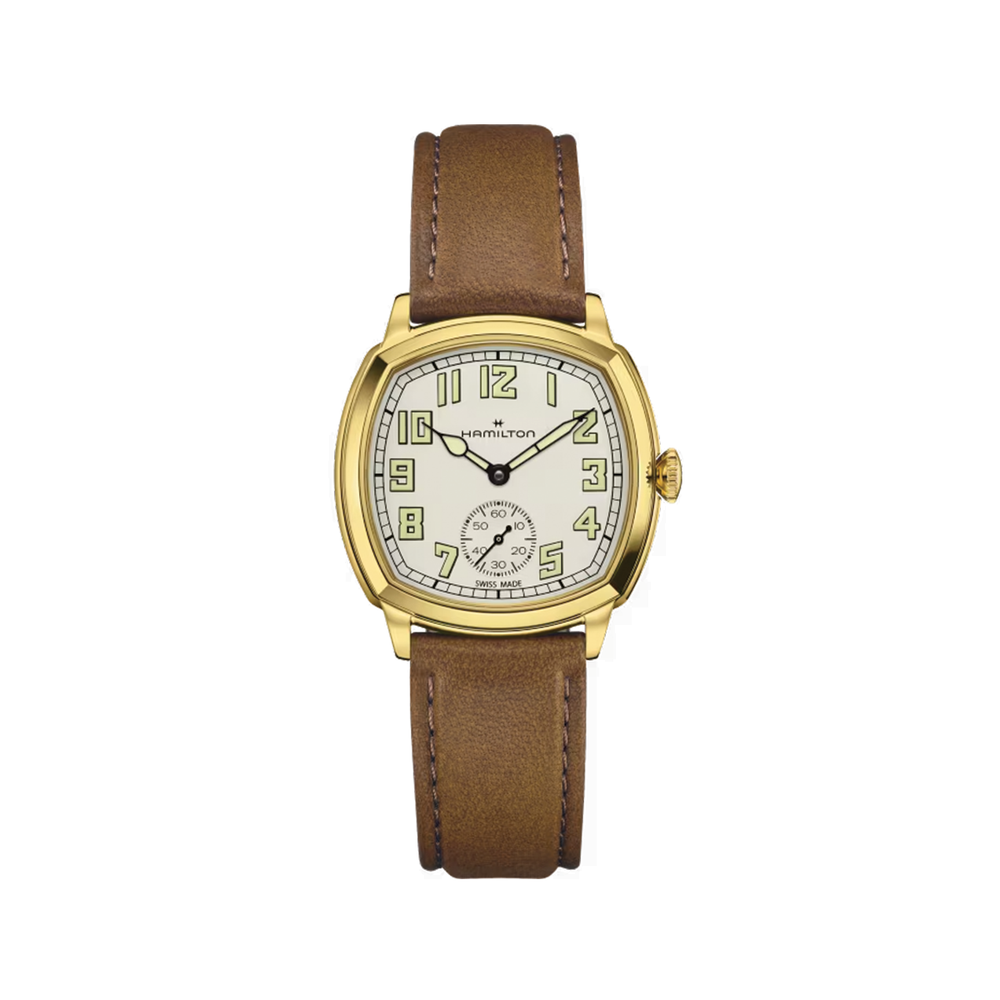 Gold tone cushion shaped Hamilton watch with beige dial and brown leather strap