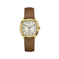 Gold tone cushion shaped Hamilton watch with beige dial and brown leather strap