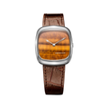 Dennison 37mm timepiece with tiger eye natural stone dial in a steel case and brown leather strap