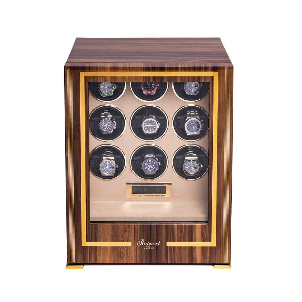 Brown Parmaount Nine watch winder with glass front and nine slots