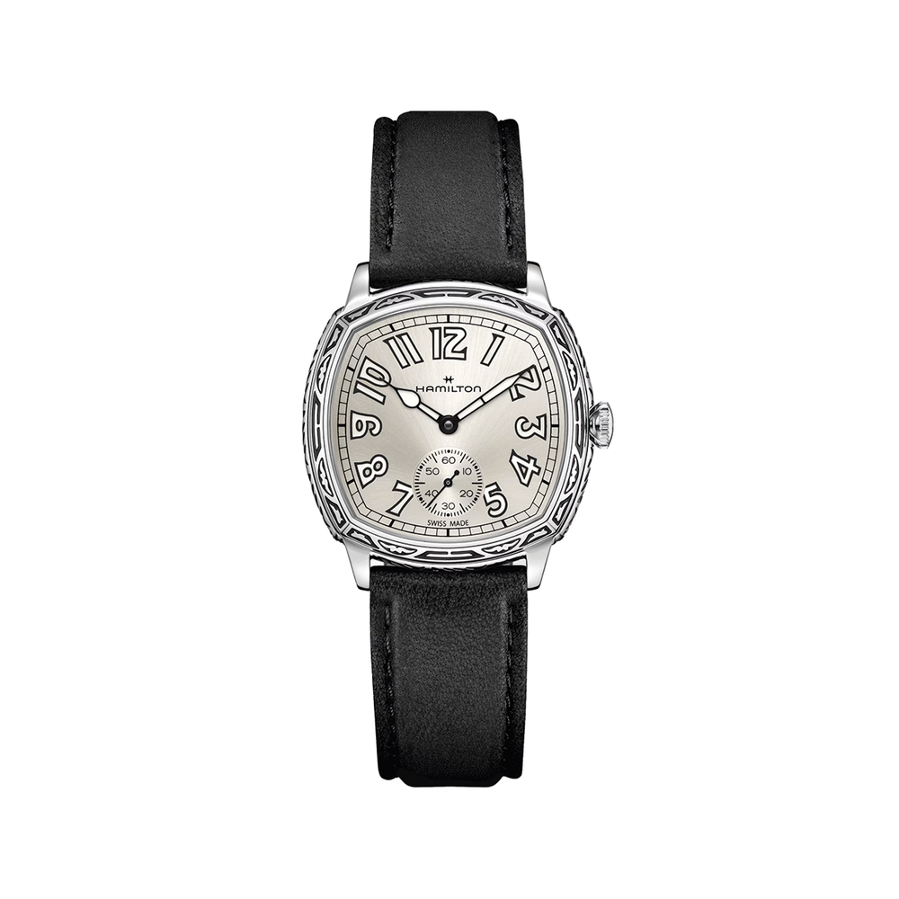 Hamilton American Classic Cushion Mechanical 34mm watch with silver dial and black leather strap