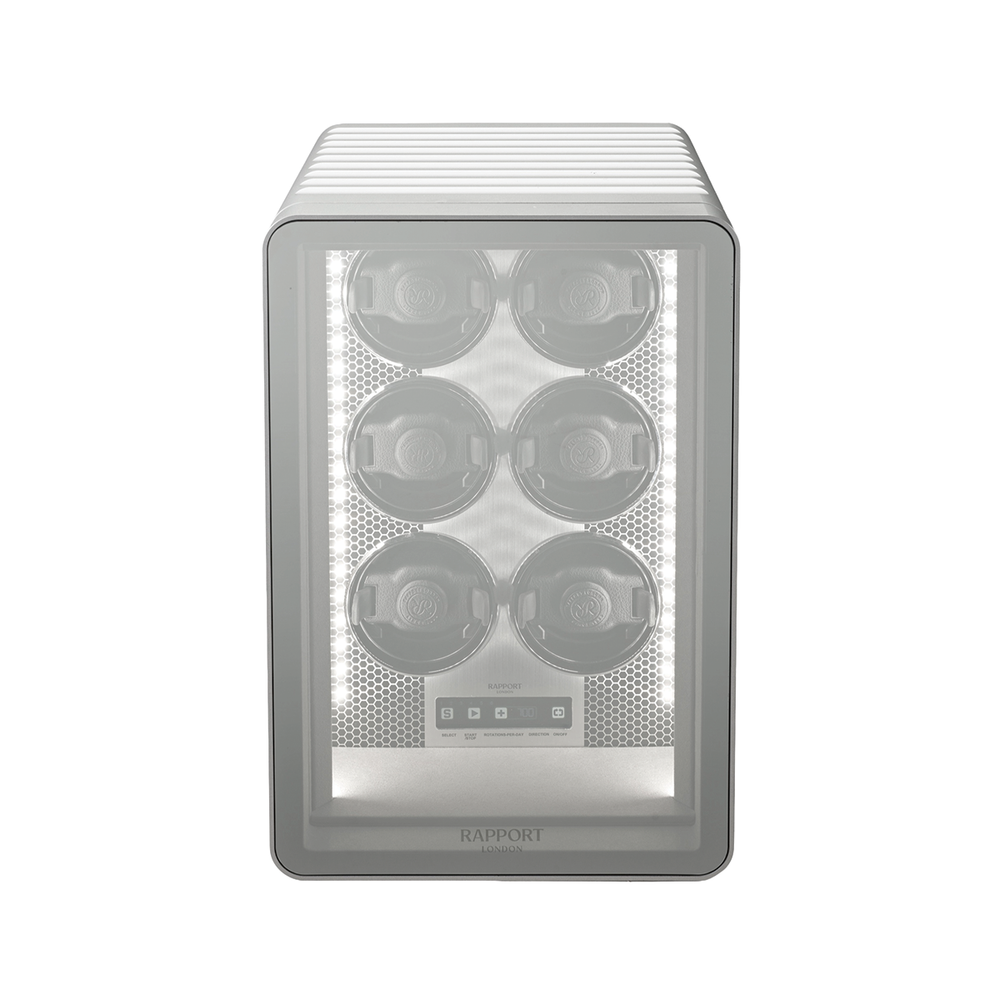 Silver Neo Watch Winder with six round winding bays visible through a clear front panel
