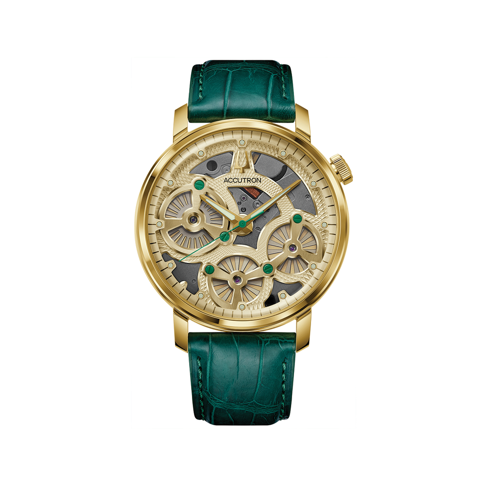 Champagne skeleton dial Spaceview Evolution 43.5mm with gold case and green leather strap