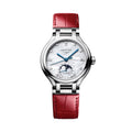 PrimaLuna Moonphase 34mm - White, Mother-of-Pearl w/ Diamonds on Red Leather Strap