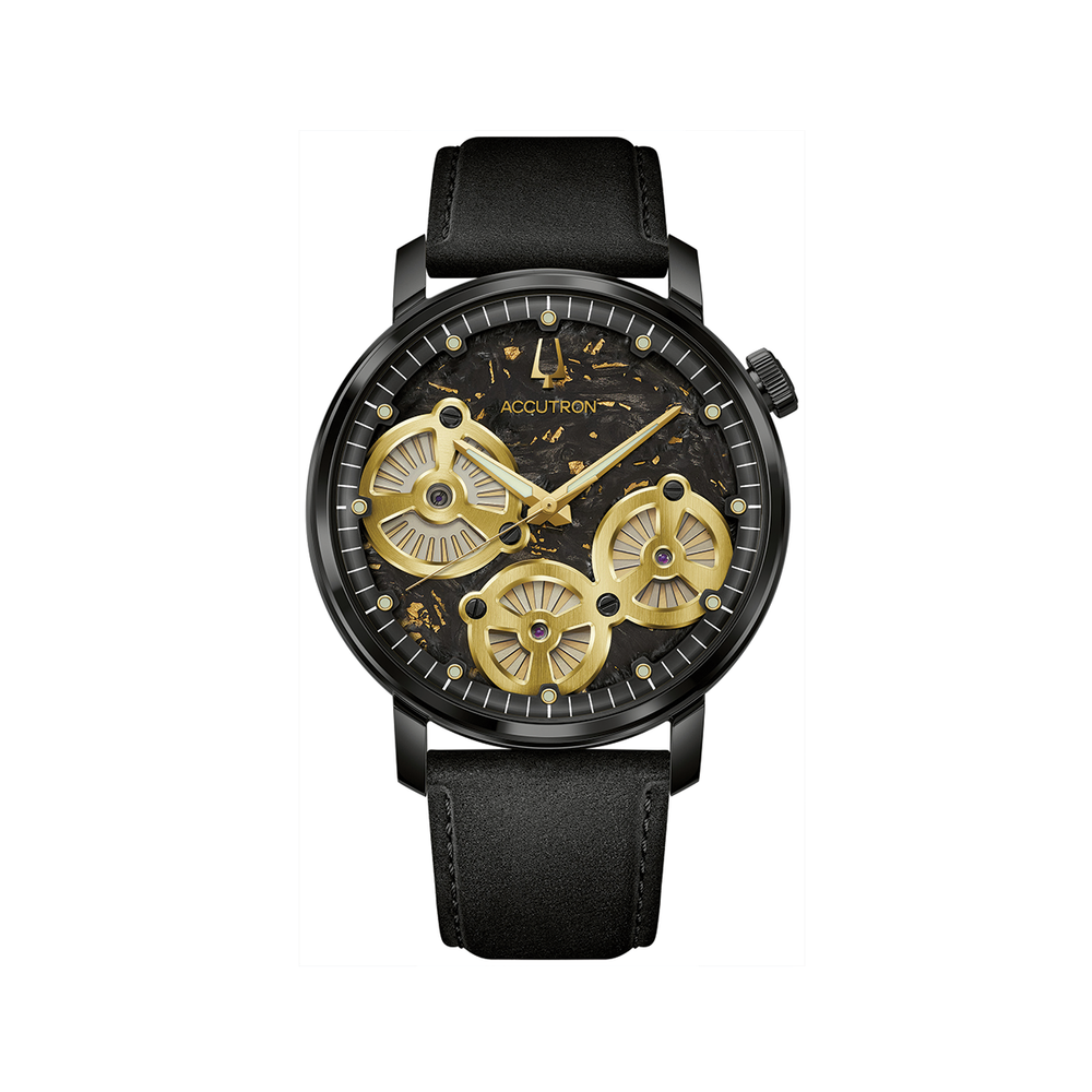 Black Spaceview Evolution timepiece with gold skeleton gears on a dark dial and black leather strap