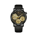 Black Spaceview Evolution timepiece with gold skeleton gears on a dark dial and black leather strap