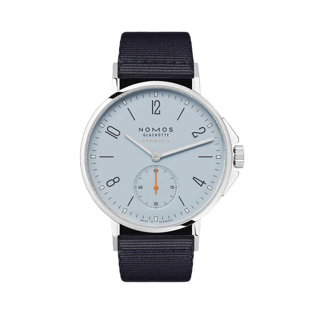 Ahoi Neomatik Sky 36mm watch with light blue dial on blue fabric strap