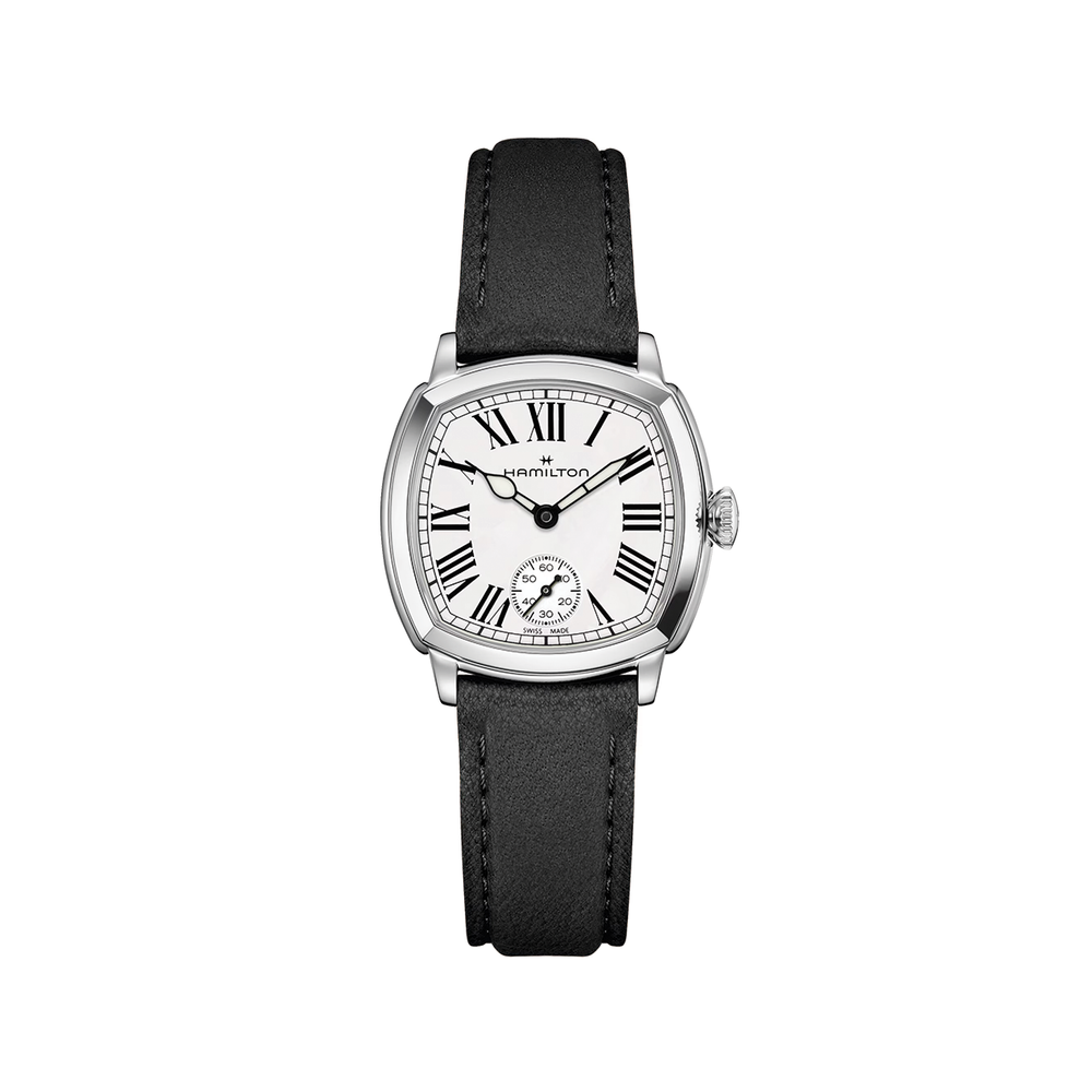 American Classic Cushion Mechanical 30mm watch with white dial on black leather strap.