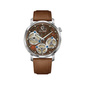 Spaceview Evolution 43.5mm watch with brown marbled dial and visible gears on a brown leather strap