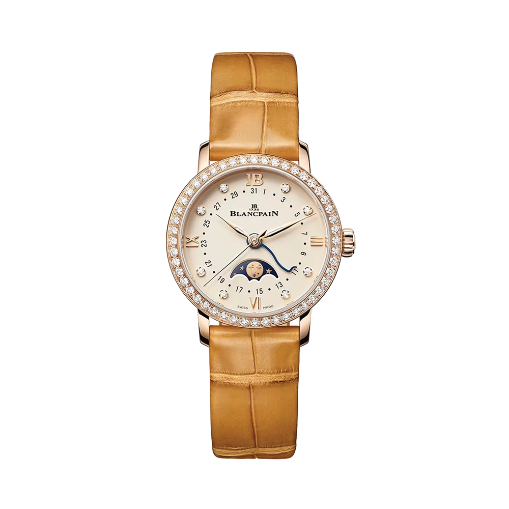 Villeret Phases de Lune 18K Red Gold 29.2mm - Gold-Toned Opaline, Diamond-Set on Leather Strap