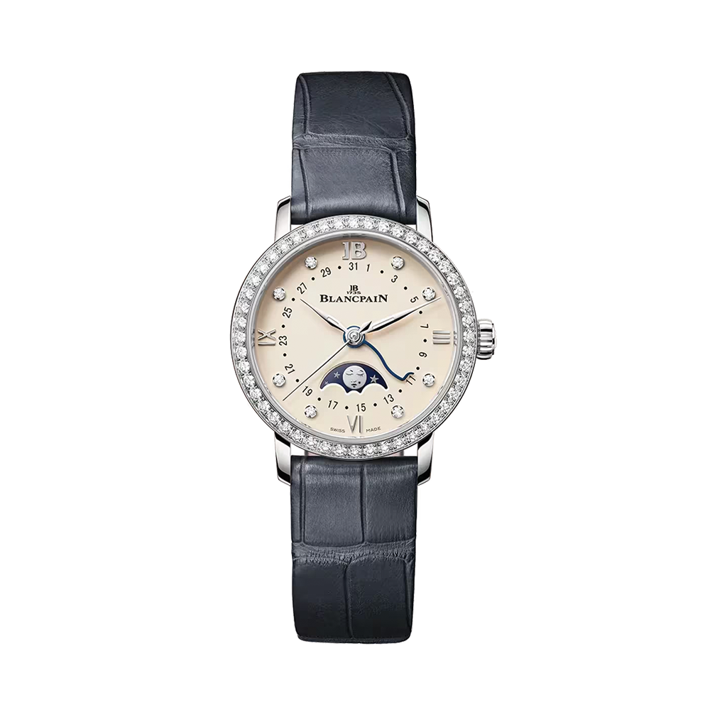 Villeret Phases de Lune 29.2mm - Gold-Toned Opaline, Diamond-Set on Leather Strap