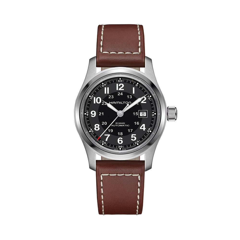 Khaki Field Auto 42mm watch with black dial and brown leather strap