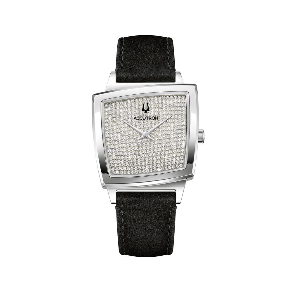 Memphis 521 silver-tone watch with a diamond studded square dial on a black leather strap