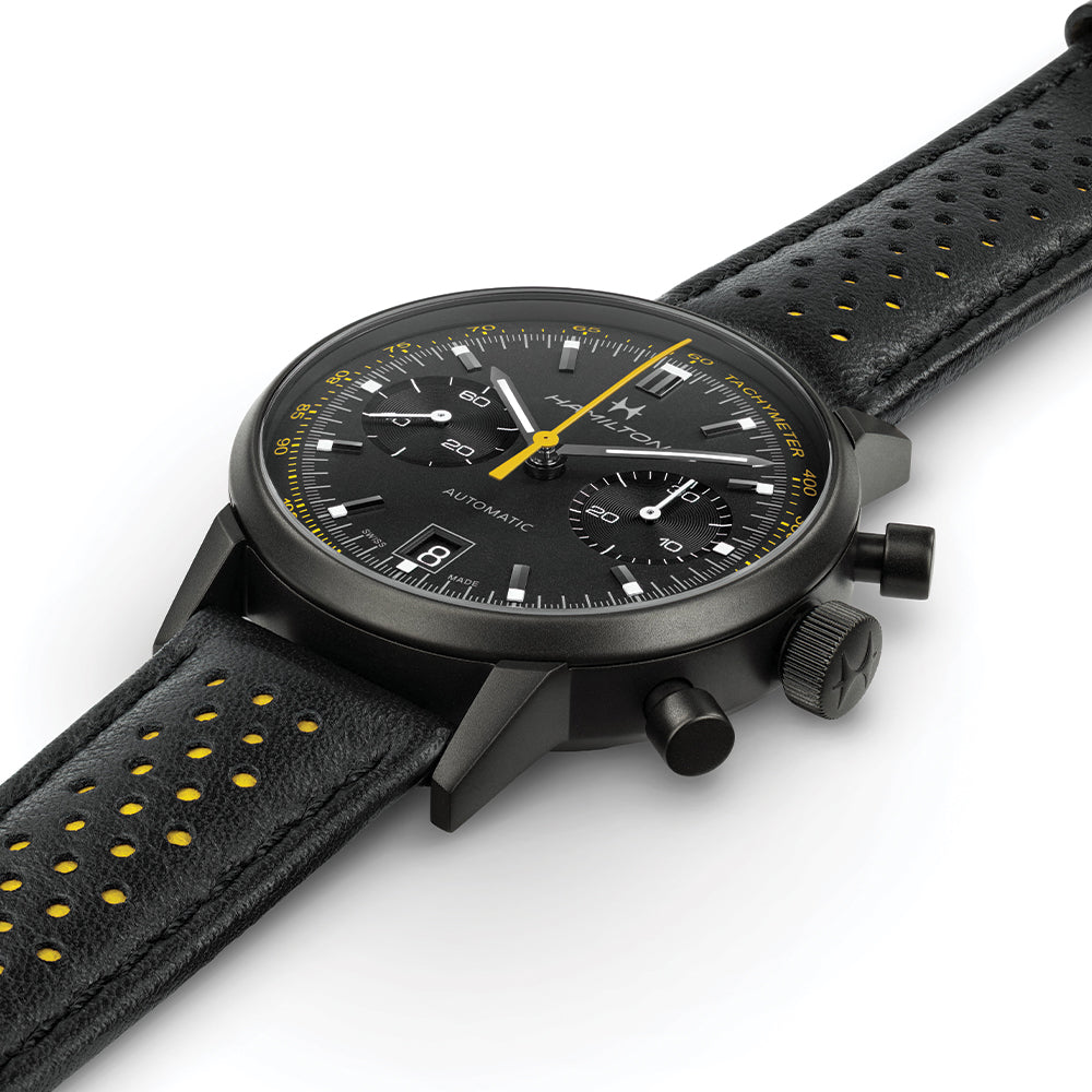 American Classic Intra-Matic Auto Chrono PVD 40mm - Black on Leather Strap with Yellow Detailing