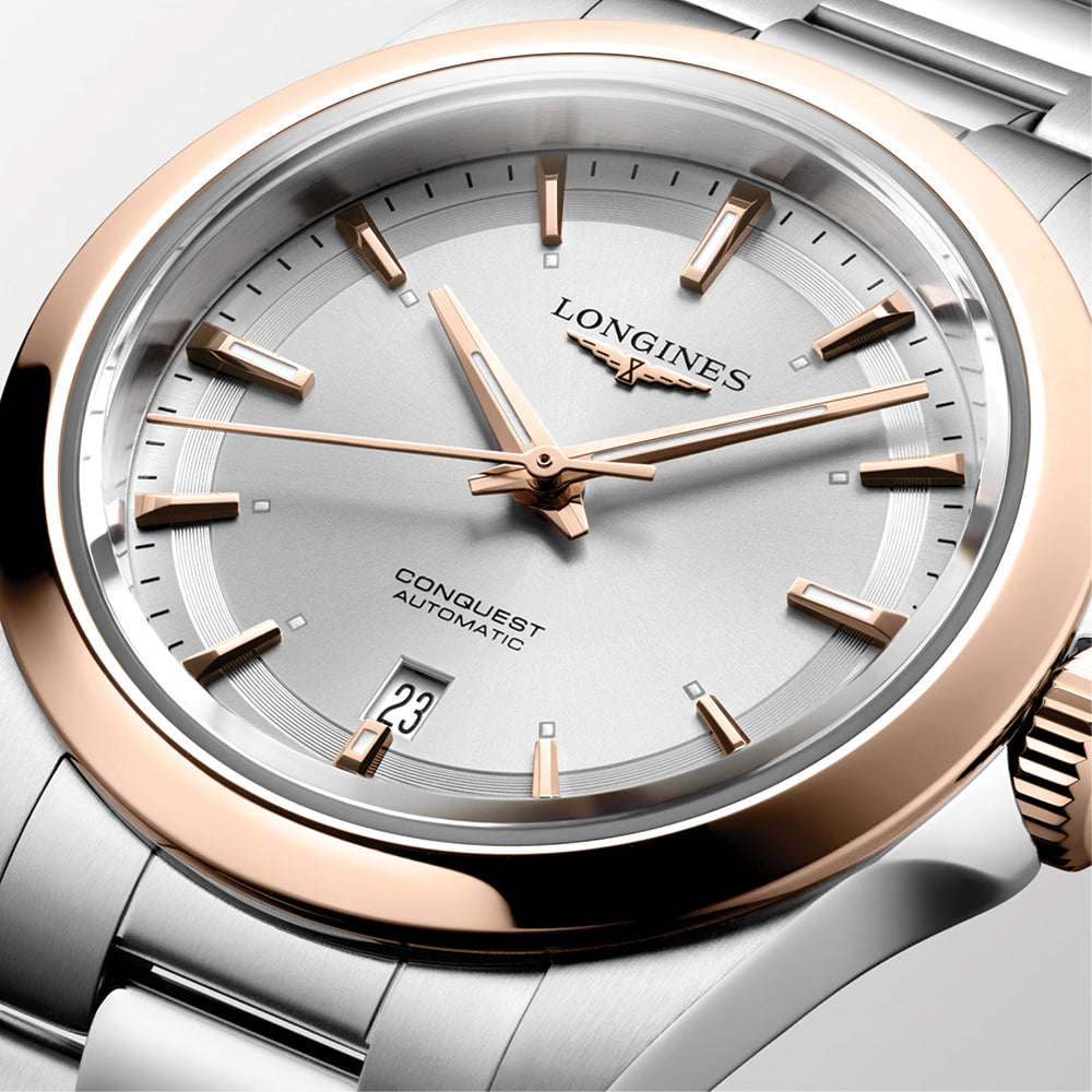 Conquest 30mm - Silver w/ Pink Gold Bezel on Bracelet