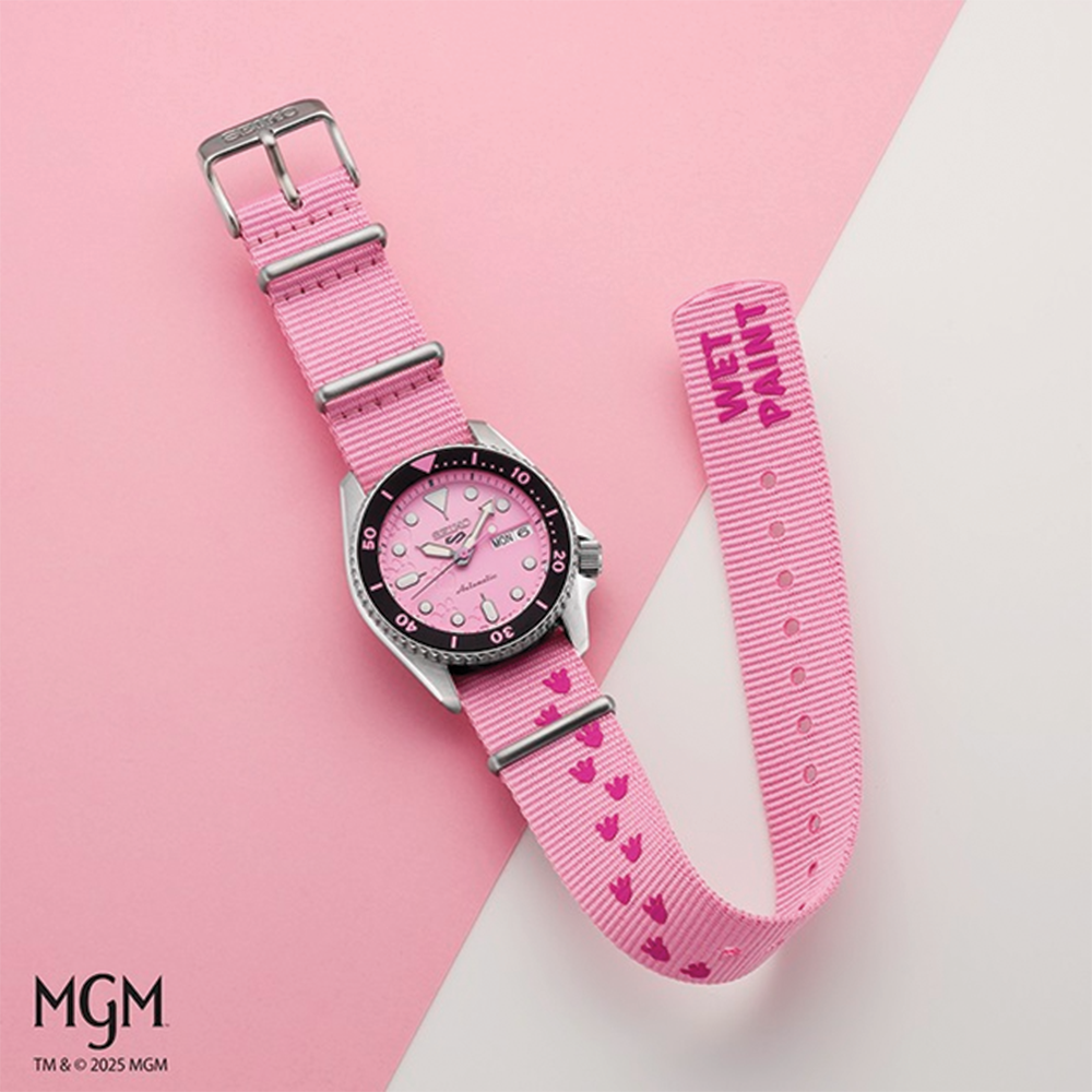 SRPM07 5 Sports SKX Pink Panther Limited Edition 38mm - Pink on Bracelet w/ Additional Fabric Strap