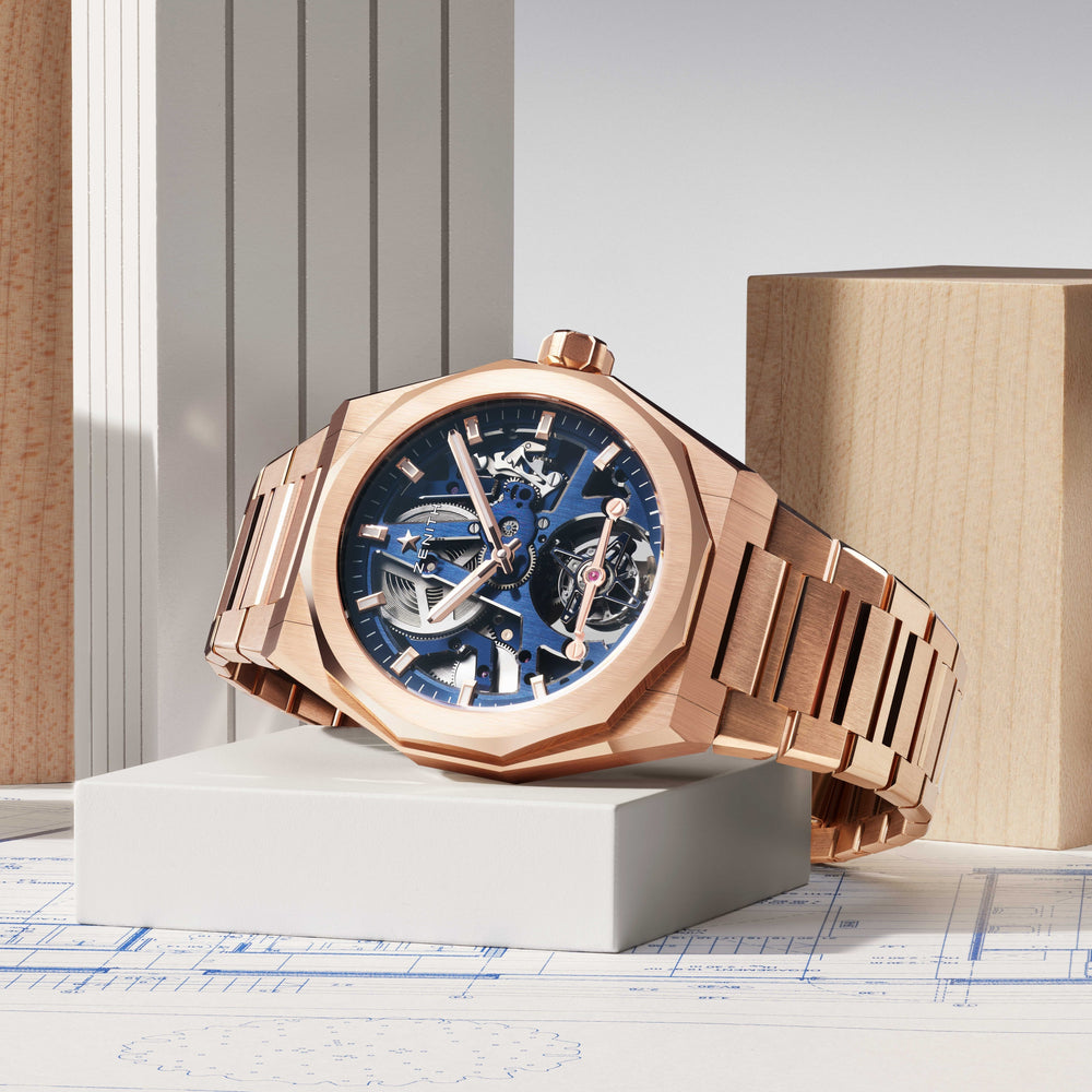 Defy Skyline Tourbillon Skeleton Rose Gold Limited Edition 41mm - Blue on Bracelet w/ Extra Rubber Strap