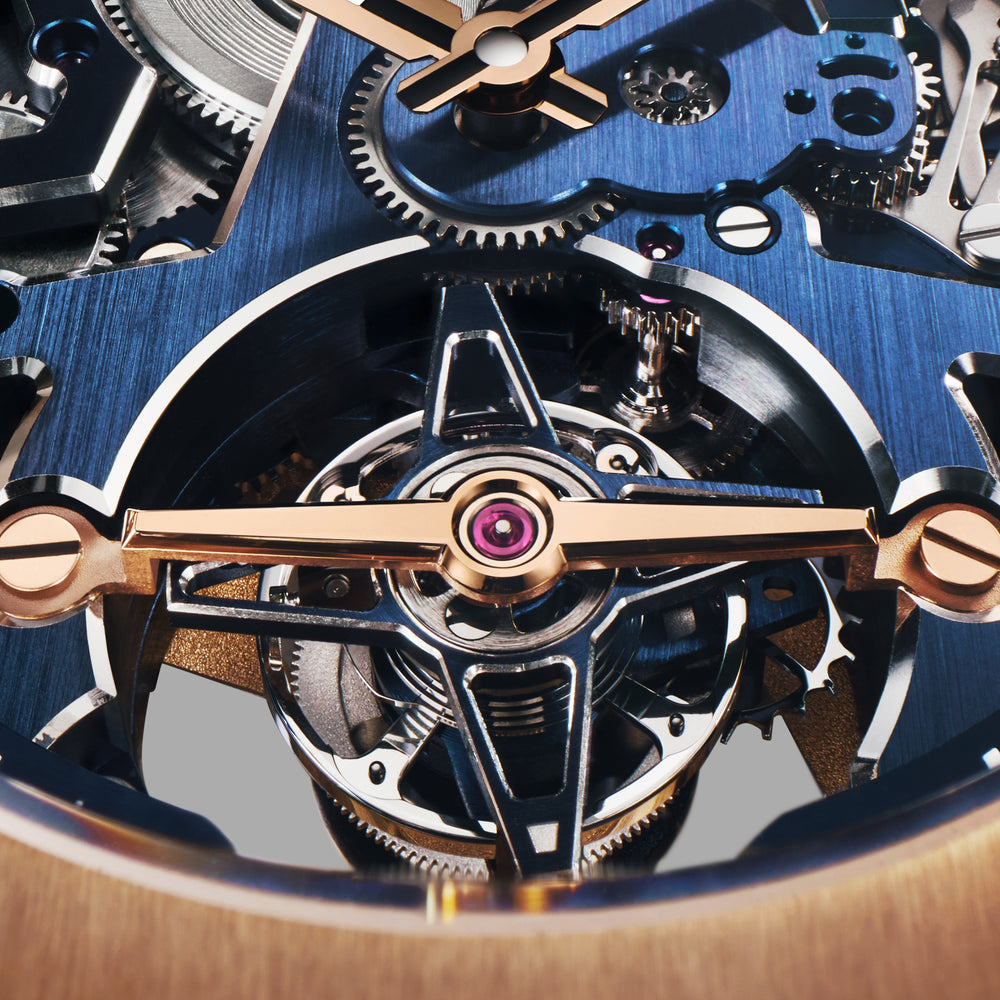 Defy Skyline Tourbillon Skeleton Rose Gold Limited Edition 41mm - Blue on Bracelet w/ Extra Rubber Strap