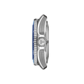 Side profile of blue on rubber strap Tissot Seastar 2000 professional diver watch with prominent crown