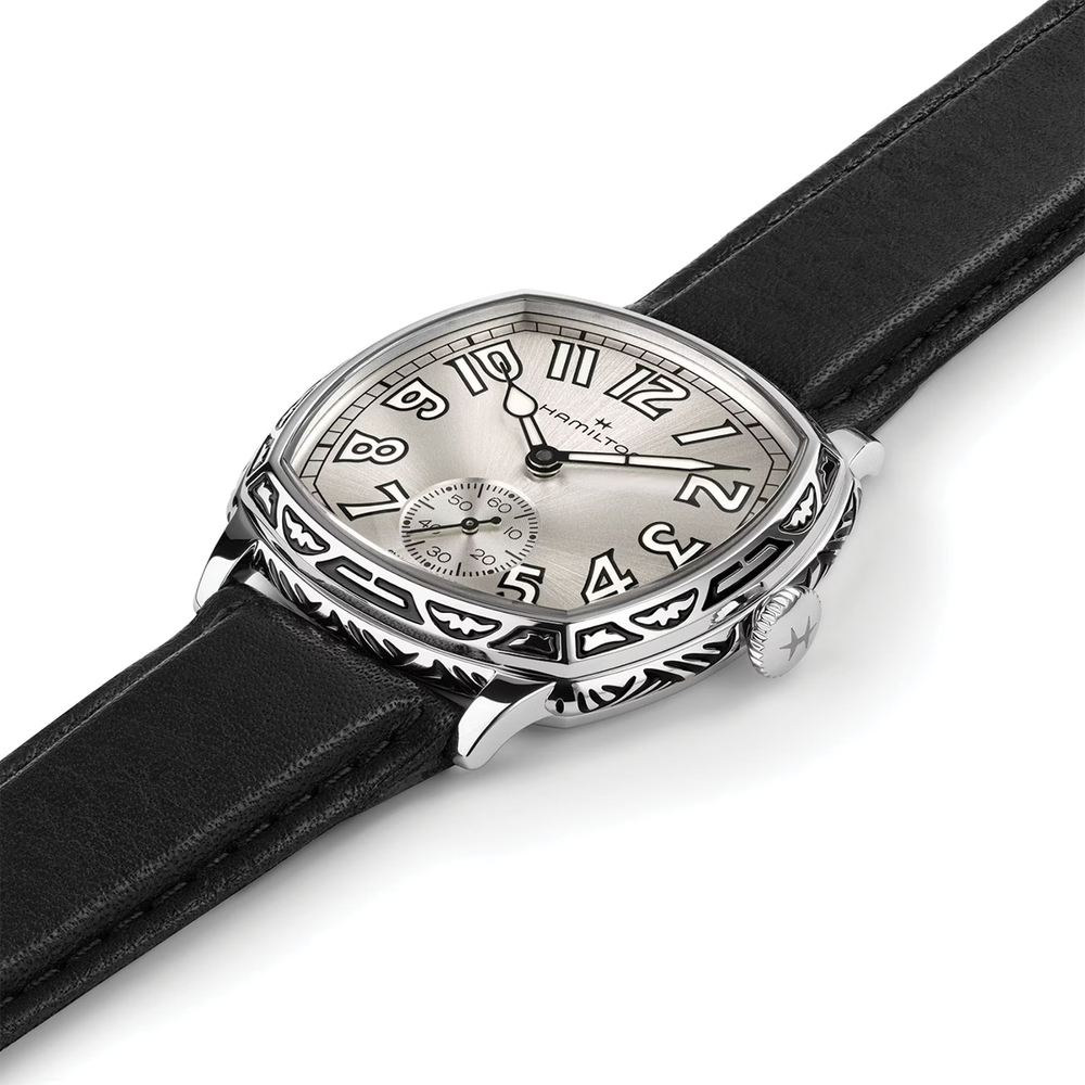 American Classic Cushion Mechanical 34mm watch with engraved bezel and black leather strap