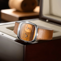 Dennison ALD Dual Time watch with tiger eye and gold sunray dial on brown textured leather strap