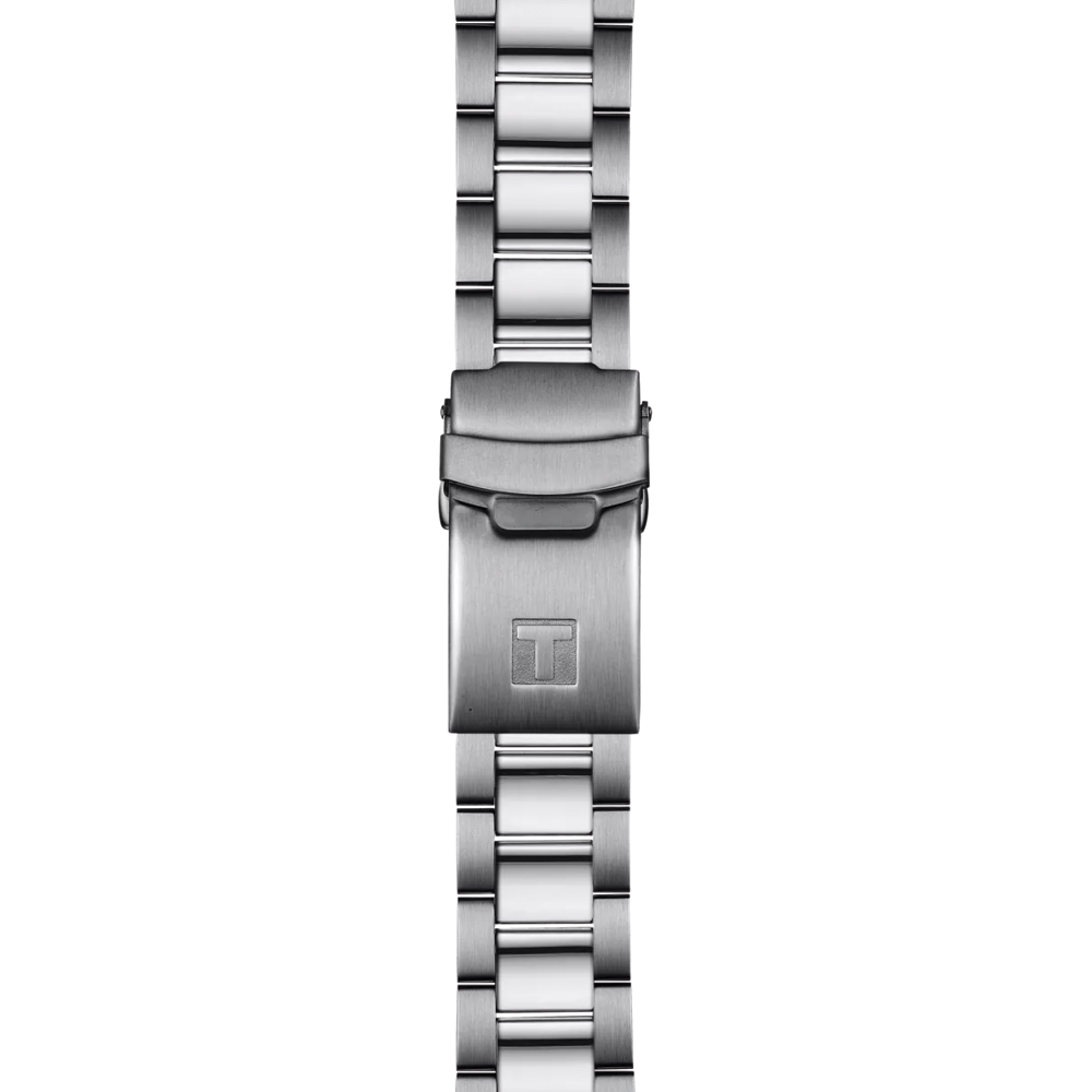 Close up of Tissot stainless steel bracelet clasp with T logo