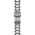 Close up of Tissot stainless steel bracelet clasp with T logo