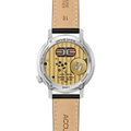 Back view of a silver spacewatch with exposed movement through sapphire crystal and a tan stitched leather strap.