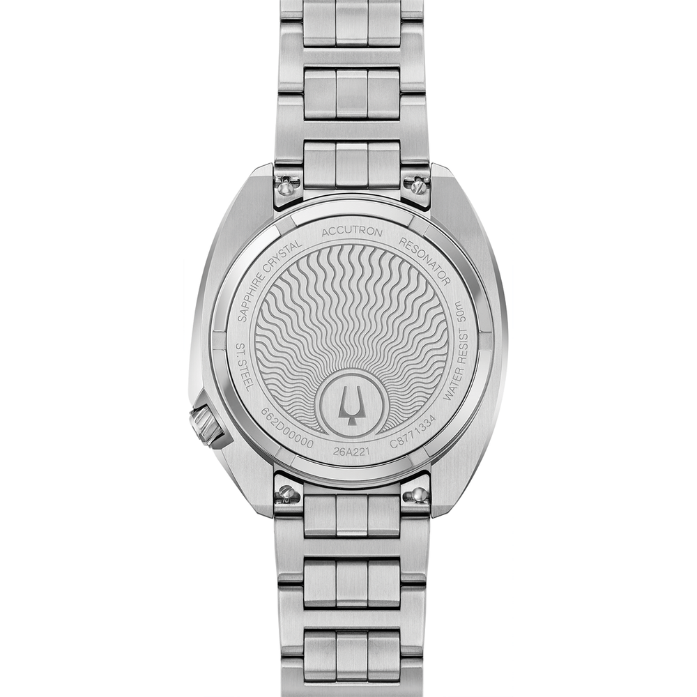 Back view of Accutron Elevation 39mm watch in stainless steel with engraved case back
