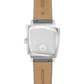 Memphis 521 35.8mm back view with engraved stainless steel case and gray leather strap