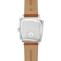 Back view of Memphis 521 watch with brown leather strap and engraved stainless steel case back