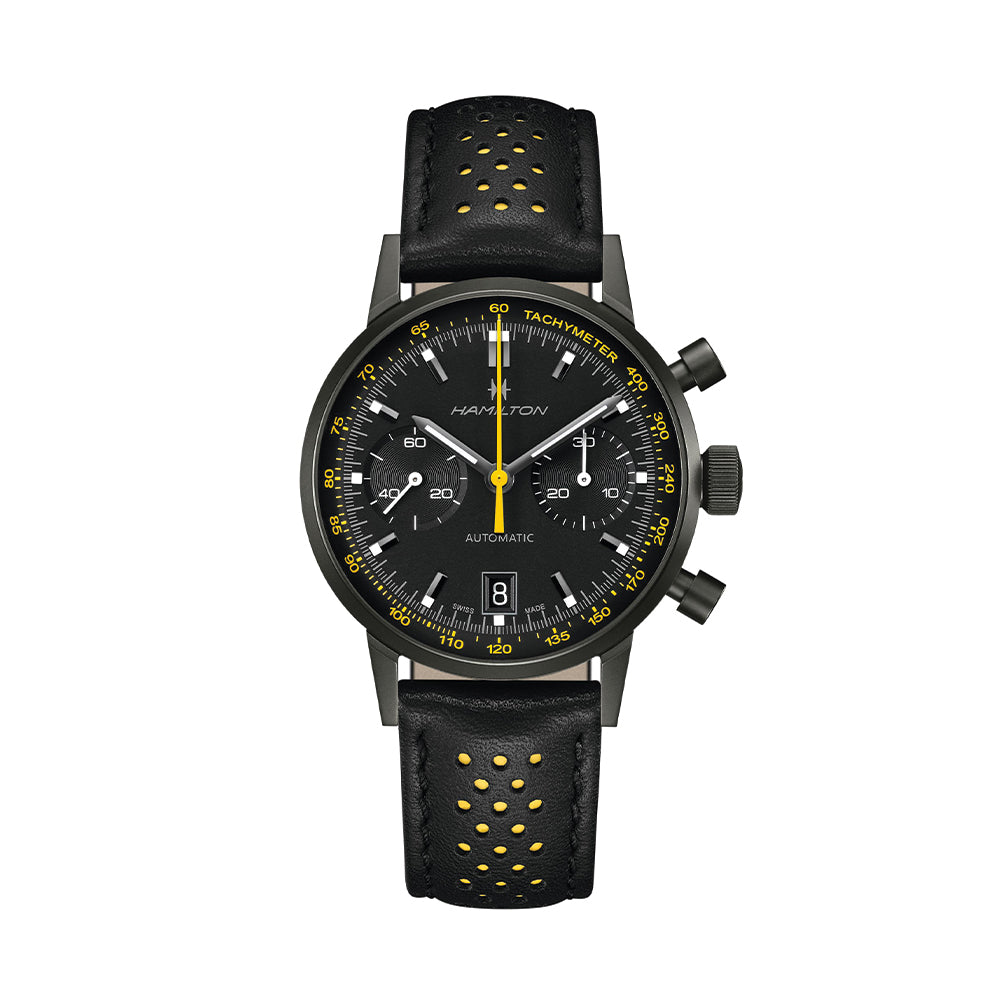 American Classic Intra-Matic Auto Chrono PVD 40mm - Black on Leather Strap with Yellow Detailing