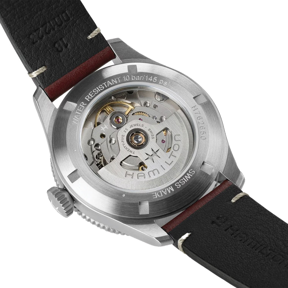 Khaki Aviation Pilot Pioneer Auto 38mm - White on Red Leather Strap