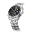 Angled side view of Horizon 41.5mm watch with black dial on stainless steel bracelet