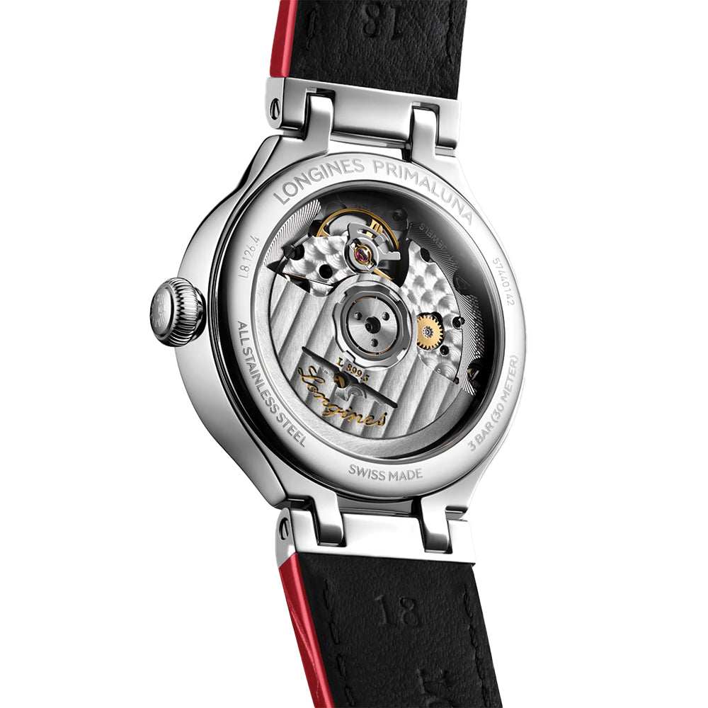 PrimaLuna Moonphase 34mm - White, Mother-of-Pearl w/ Diamonds on Red Leather Strap