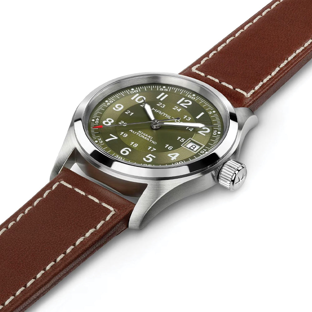 Khaki Field Auto Date 38mm - Green on Leather Strap