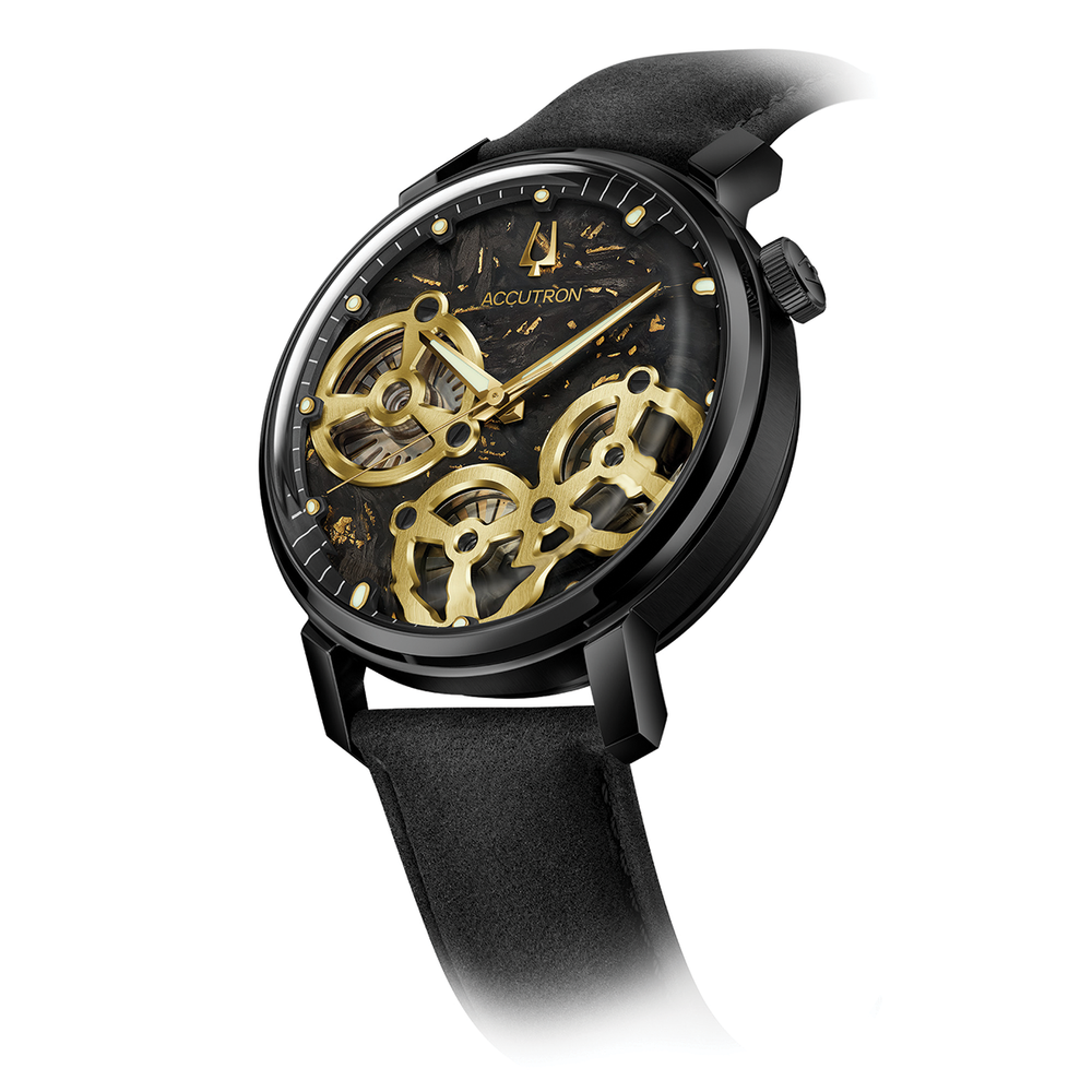Spaceview Evolution 43.5mm black case watch with exposed gold gears on a dark dial and black leather strap.