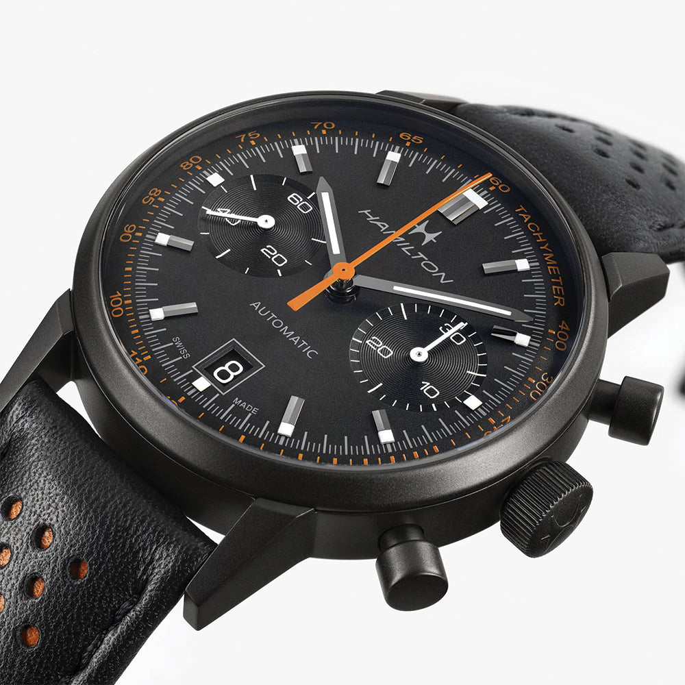 American Classic Intra-Matic Auto Chrono PVD 40mm - Black on Leather Strap with Orange Detailing