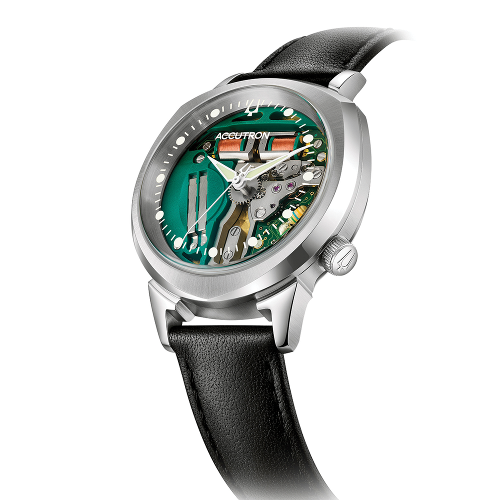 Front view of the multicolored Accutron Alpha 314 skeleton watch with a black leather strap.