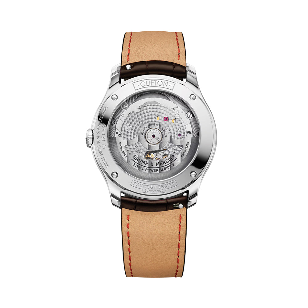 Clifton Round Baumatic 39mm - White on Leather Strap